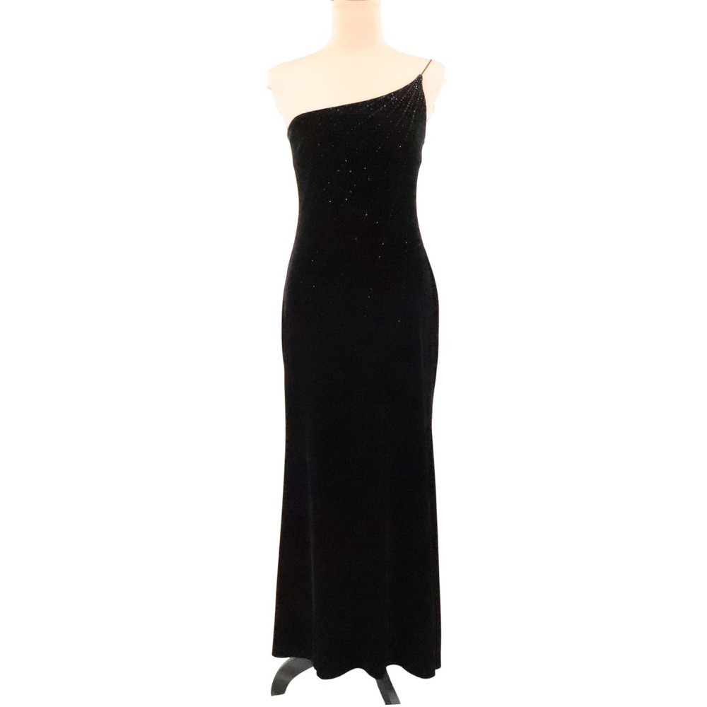 Rampage Vintage 90s Y2K Velvet Maxi Dress Size M Black Rhinestone One Shoulder